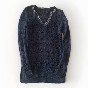 WHBM Navy Blue Jeweled Open Knit V Neck Pullover Sweater Small